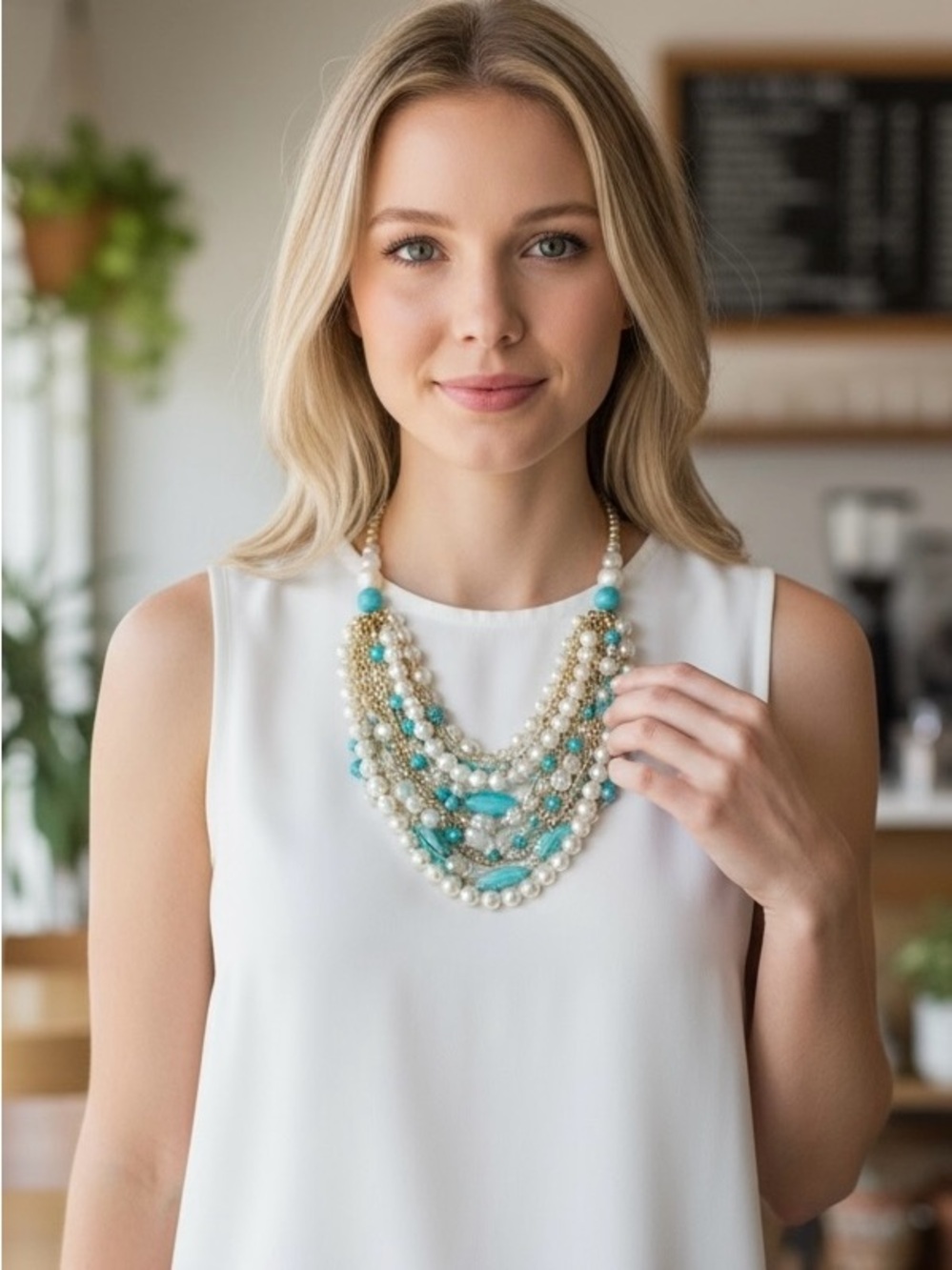 Multi-strand Statement Bib Necklace Faux Pearl Turquoise Howlite Gold-tone Beads